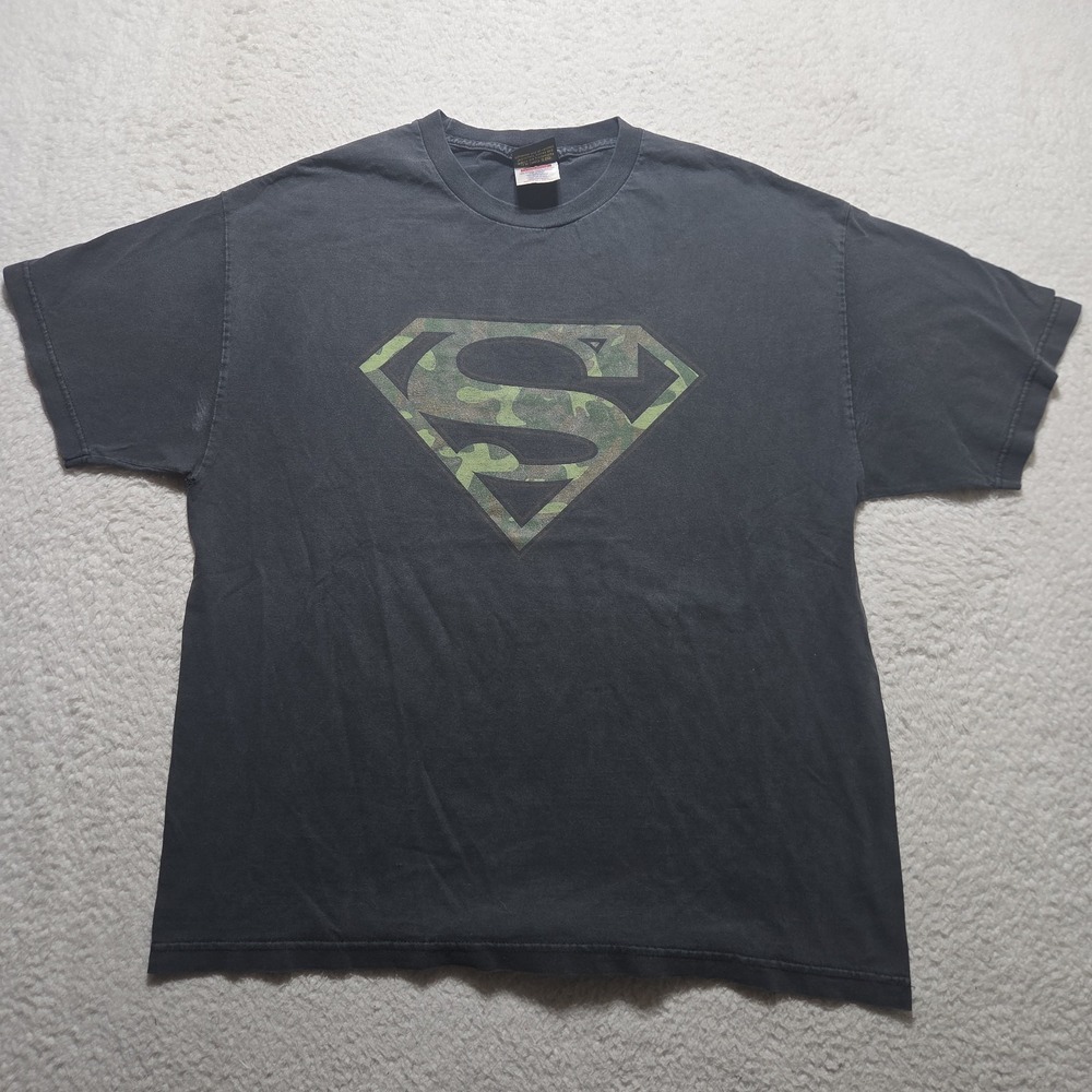 Vintage 2001 Warner Bros. Superman T-Shirt DC Comics Camo‎ Superhero Logo Tee XL